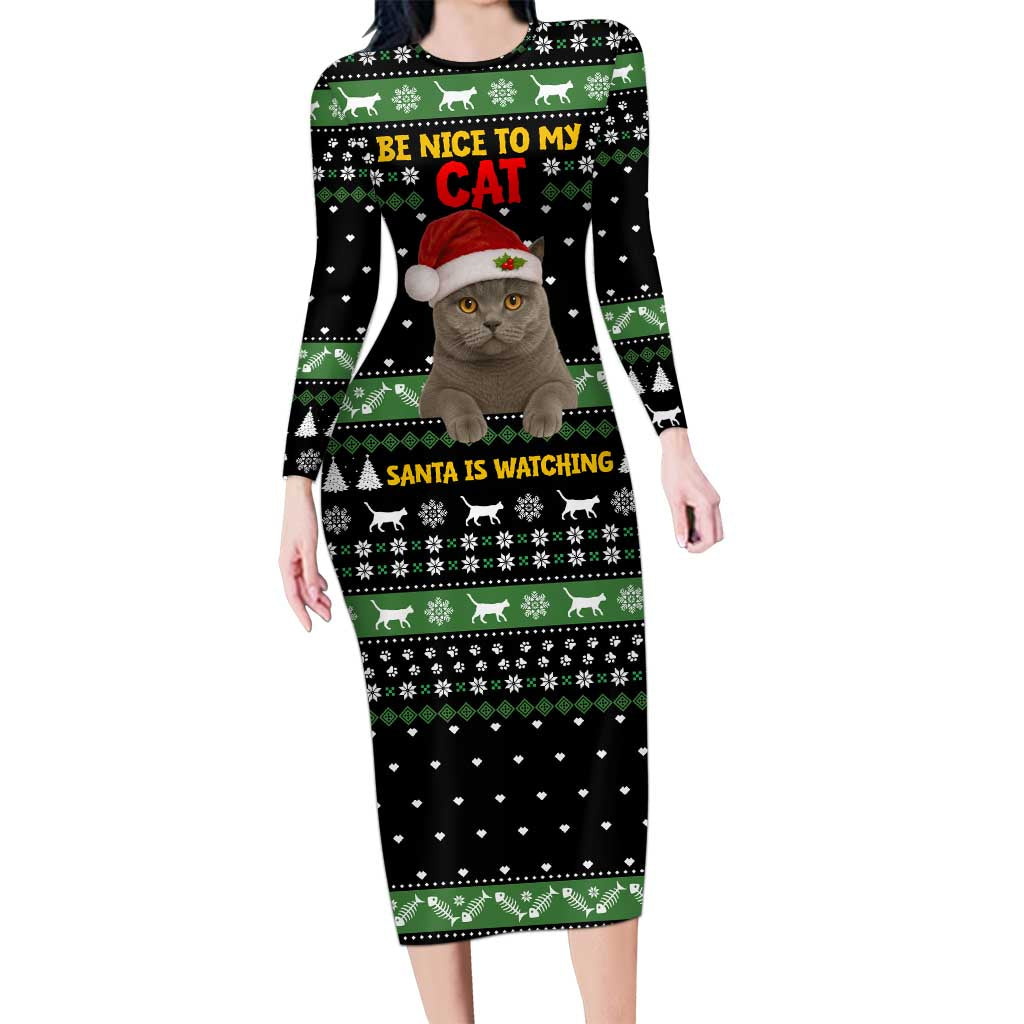 Cat Be Nice Christmas Long Sleeve Bodycon Dress Xmas Holiday Patterns - Wonder Print Shop