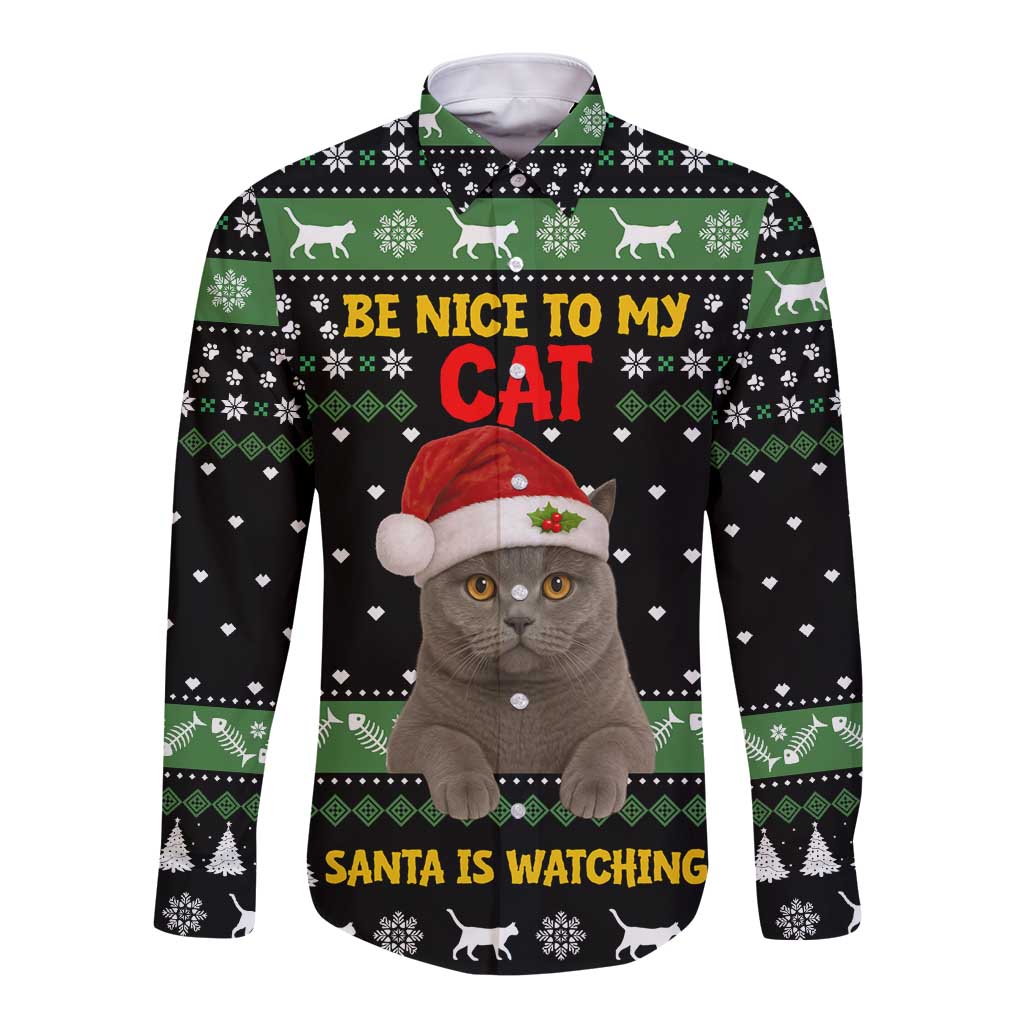 Cat Be Nice Christmas Long Sleeve Button Shirt Xmas Holiday Patterns - Wonder Print Shop