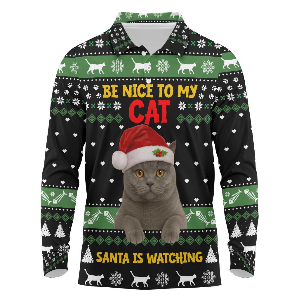 Cat Be Nice Christmas Long Sleeve Polo Shirt Xmas Holiday Patterns - Wonder Print Shop