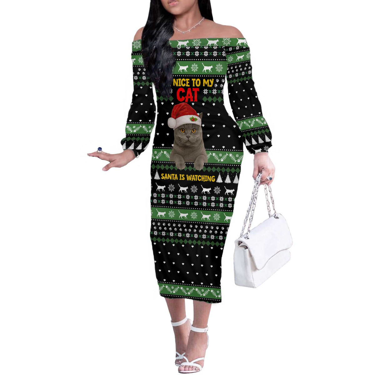 Cat Be Nice Christmas Off The Shoulder Long Sleeve Dress Xmas Holiday Patterns - Wonder Print Shop