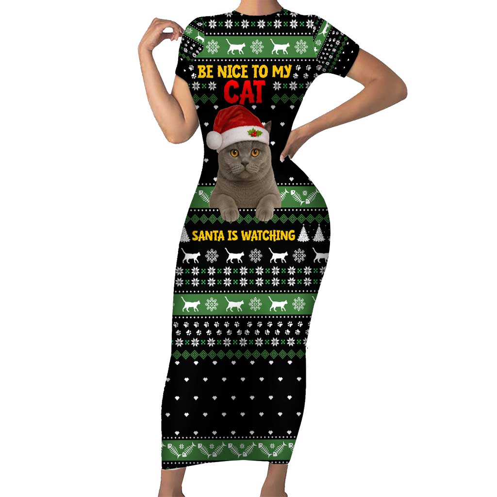 Cat Be Nice Christmas Short Sleeve Bodycon Dress Xmas Holiday Patterns - Wonder Print Shop