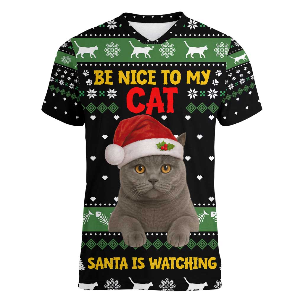 Cat Be Nice Christmas Women V-Neck T-Shirt Xmas Holiday Patterns - Wonder Print Shop