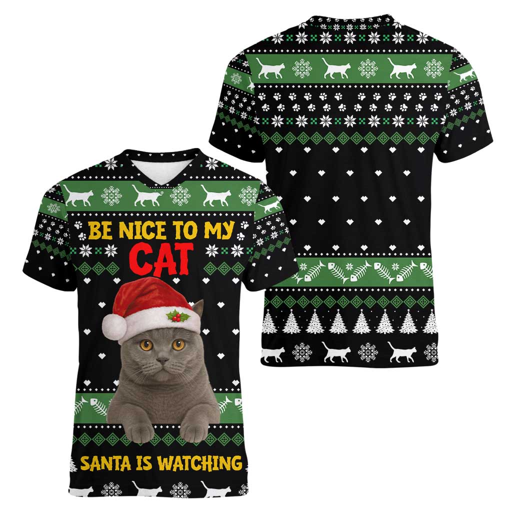 Cat Be Nice Christmas Women V-Neck T-Shirt Xmas Holiday Patterns - Wonder Print Shop