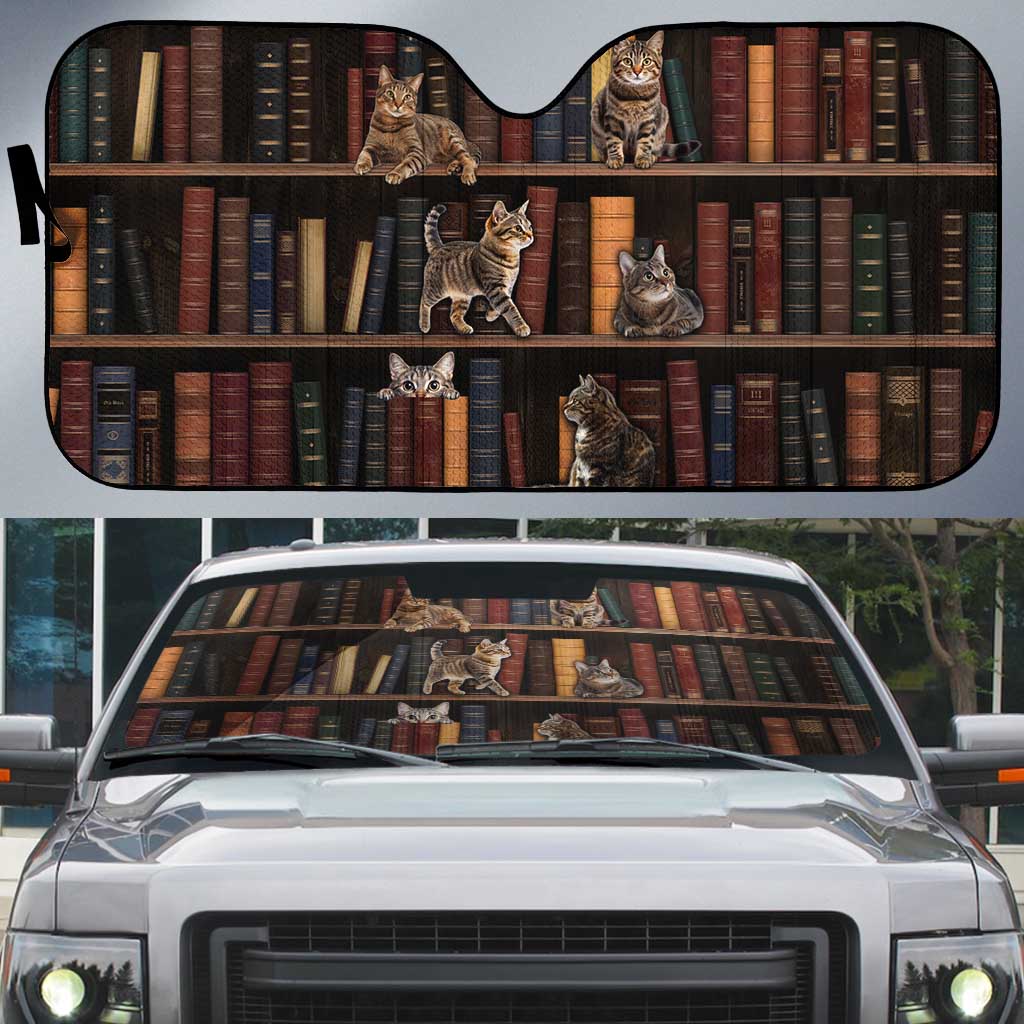 Cat Bookcase Christmas Auto Sun Shade Xmas Holiday Patterns - Wonder Print Shop