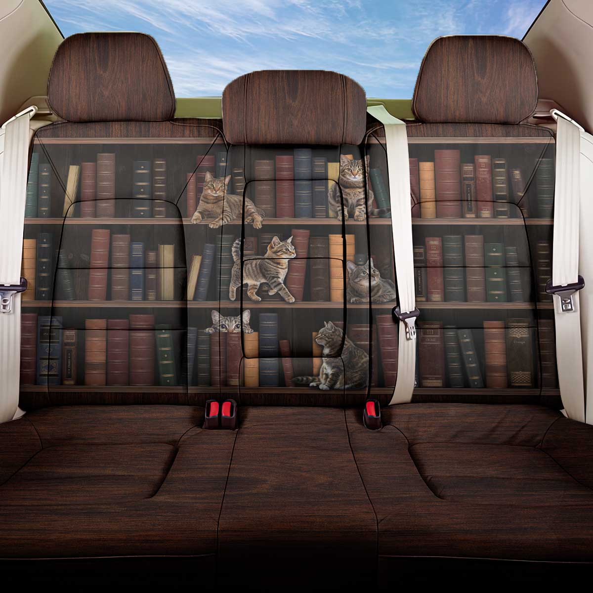 Cat Bookcase Christmas Back Car Seat Cover Xmas Holiday Patterns - Wonder Print Shop