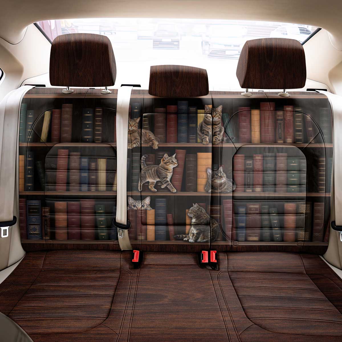 Cat Bookcase Christmas Back Car Seat Cover Xmas Holiday Patterns - Wonder Print Shop