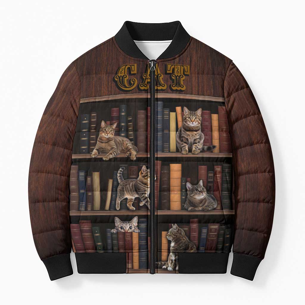 Cat Bookcase Christmas Bomber Puffer Jacket Xmas Holiday Patterns - Wonder Print Shop