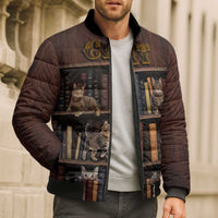 Cat Bookcase Christmas Bomber Puffer Jacket Xmas Holiday Patterns - Wonder Print Shop