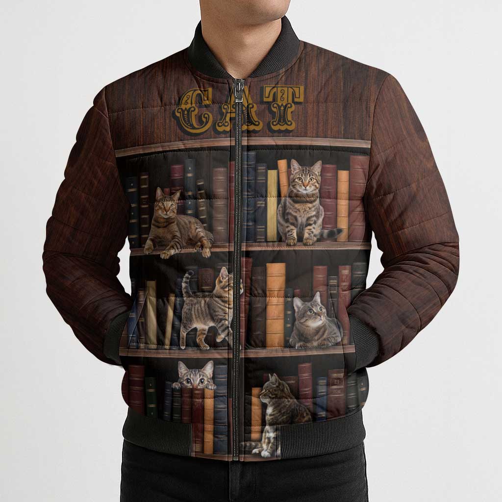 Cat Bookcase Christmas Bomber Puffer Jacket Xmas Holiday Patterns - Wonder Print Shop