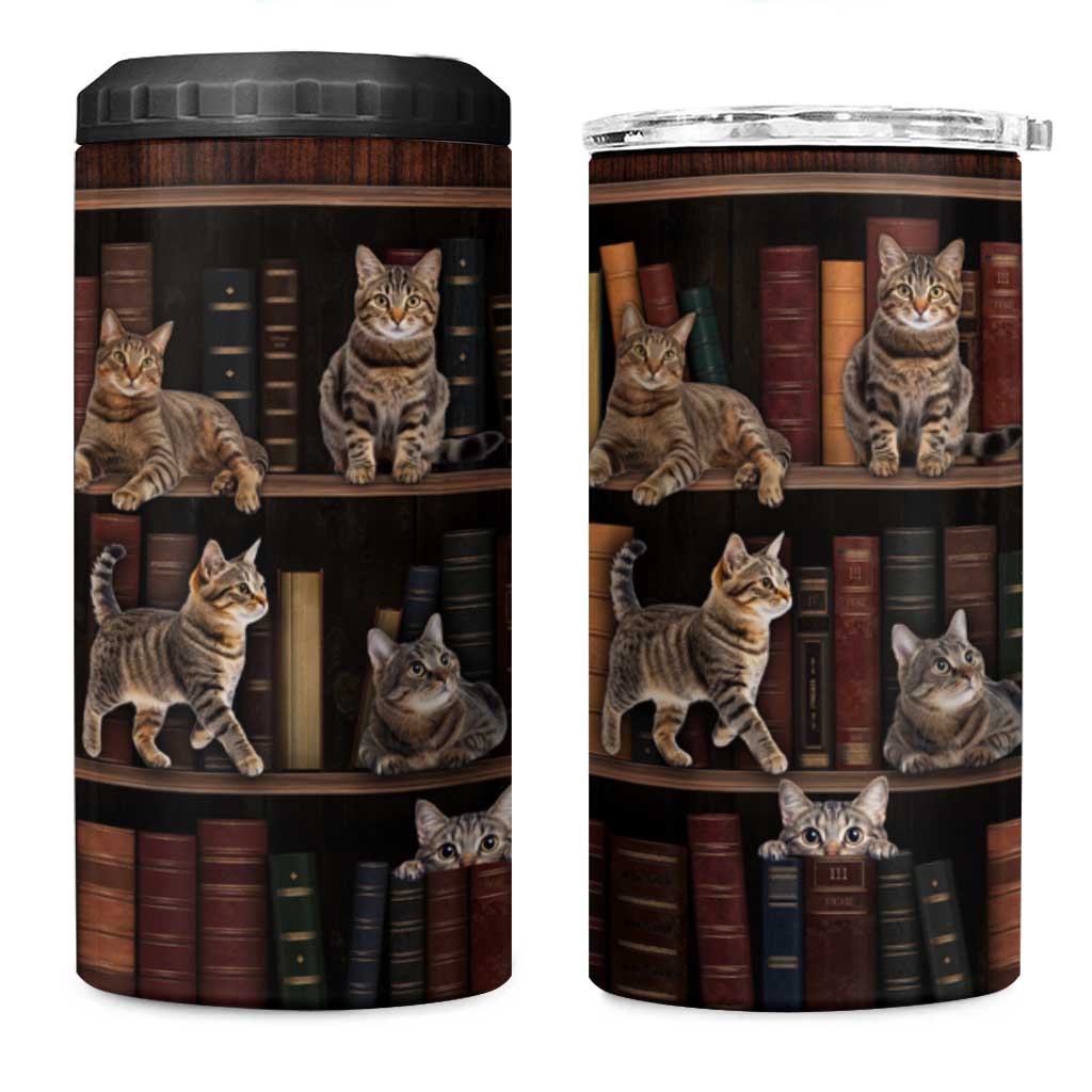 Cat Bookcase Christmas 4 in 1 Can Cooler Tumbler Xmas Holiday Patterns - Wonder Print Shop