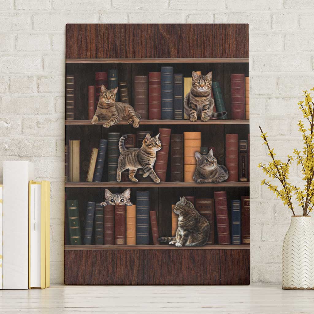 Cat Bookcase Christmas Canvas Wall Art Xmas Holiday Patterns - Wonder Print Shop