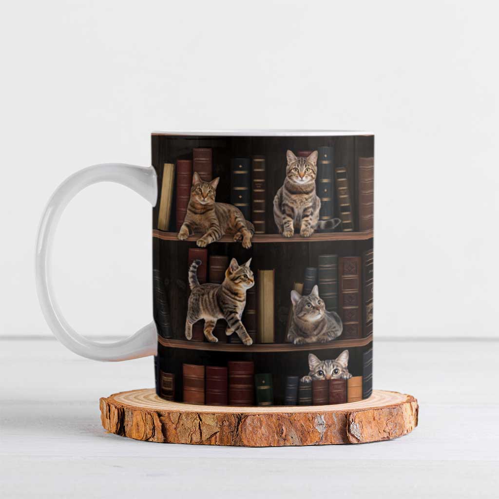 Cat Bookcase Christmas Ceramic Mug Xmas Holiday Patterns - Wonder Print Shop