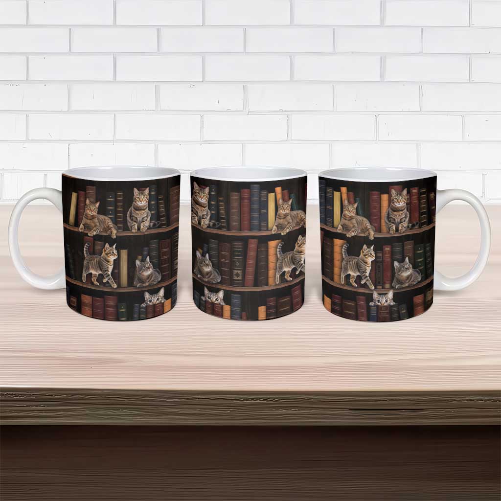 Cat Bookcase Christmas Ceramic Mug Xmas Holiday Patterns - Wonder Print Shop