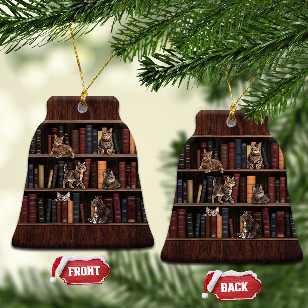 Cat Bookcase Christmas Ceramic Ornament Xmas Holiday Patterns - Wonder Print Shop