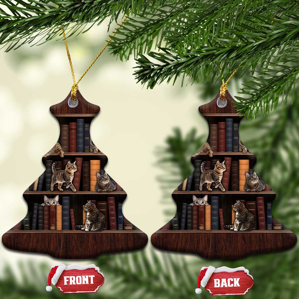 Cat Bookcase Christmas Ceramic Ornament Xmas Holiday Patterns - Wonder Print Shop