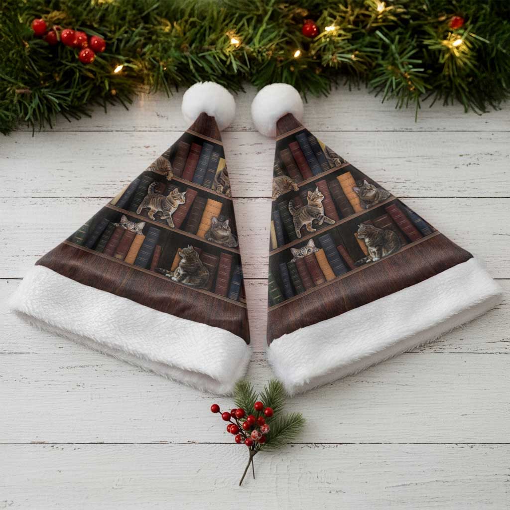 Cat Bookcase Christmas Santa Hat Xmas Holiday Patterns - Wonder Print Shop