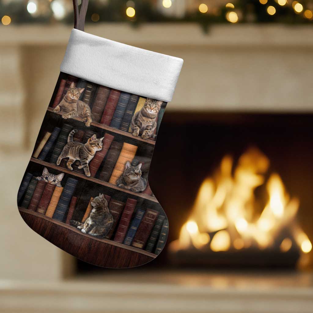 Cat Bookcase Christmas Stocking Xmas Holiday Patterns - Wonder Print Shop