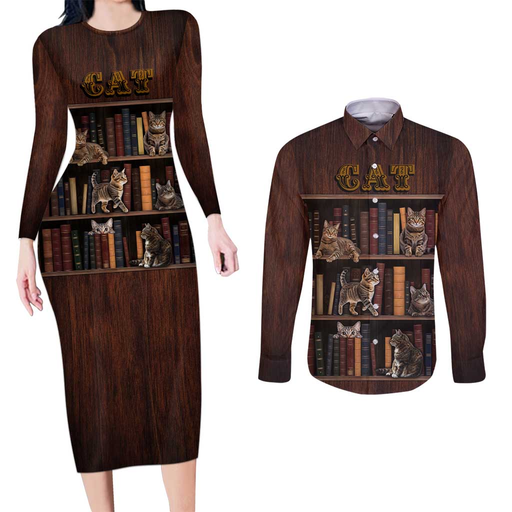 Cat Bookcase Christmas Couples Matching Long Sleeve Bodycon Dress and Long Sleeve Button Shirt Xmas Holiday Patterns - Wonder Print Shop