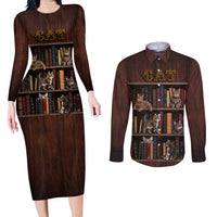 Cat Bookcase Christmas Couples Matching Long Sleeve Bodycon Dress and Long Sleeve Button Shirt Xmas Holiday Patterns - Wonder Print Shop