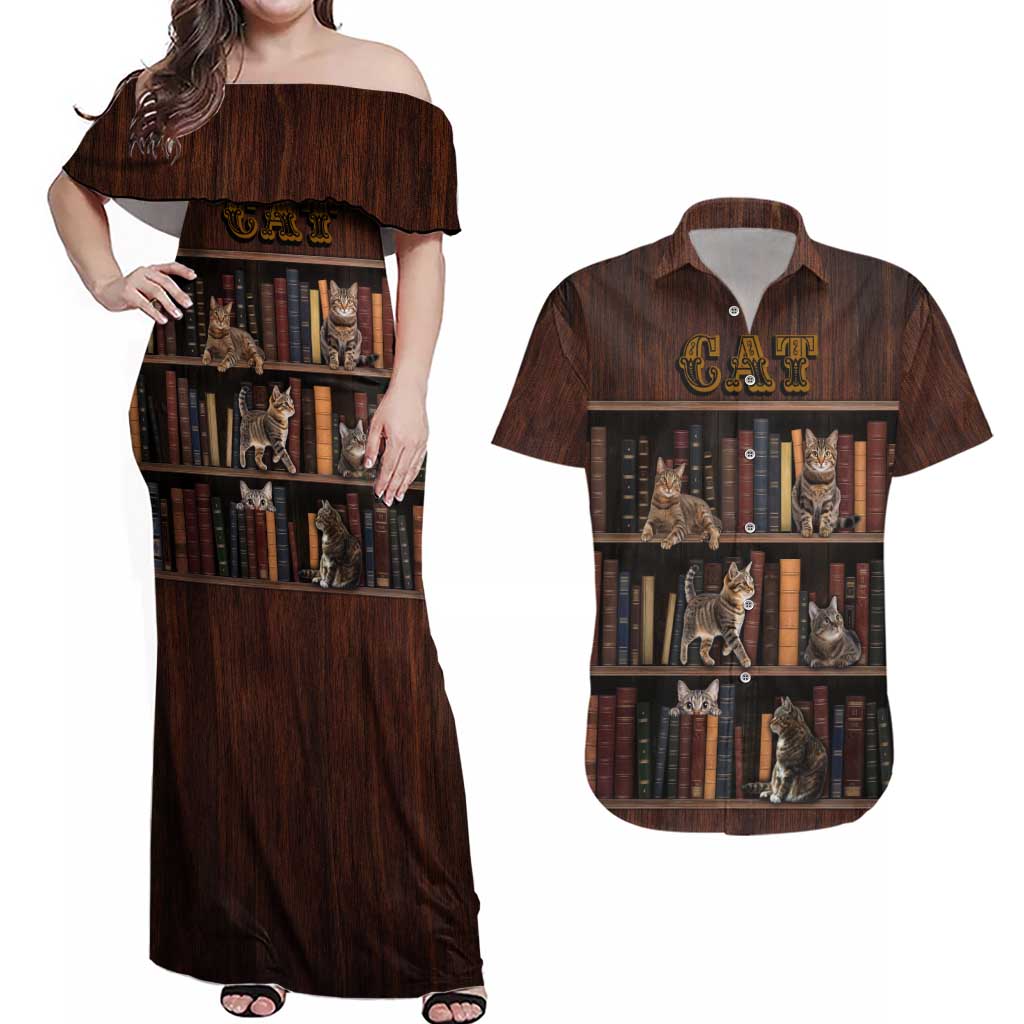 Cat Bookcase Christmas Couples Matching Off Shoulder Maxi Dress and Hawaiian Shirt Xmas Holiday Patterns - Wonder Print Shop
