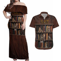 Cat Bookcase Christmas Couples Matching Off Shoulder Maxi Dress and Hawaiian Shirt Xmas Holiday Patterns - Wonder Print Shop