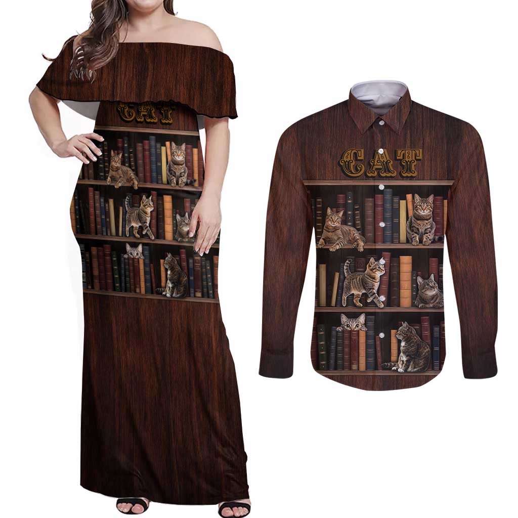 Cat Bookcase Christmas Couples Matching Off Shoulder Maxi Dress and Long Sleeve Button Shirt Xmas Holiday Patterns - Wonder Print Shop