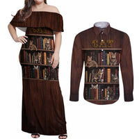 Cat Bookcase Christmas Couples Matching Off Shoulder Maxi Dress and Long Sleeve Button Shirt Xmas Holiday Patterns - Wonder Print Shop