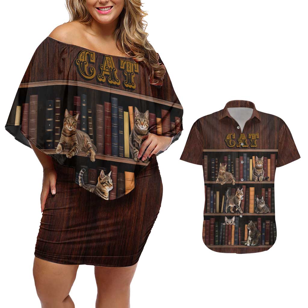 Cat Bookcase Christmas Couples Matching Off Shoulder Short Dress and Hawaiian Shirt Xmas Holiday Patterns - Wonder Print Shop
