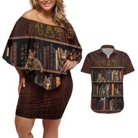 Cat Bookcase Christmas Couples Matching Off Shoulder Short Dress and Hawaiian Shirt Xmas Holiday Patterns - Wonder Print Shop