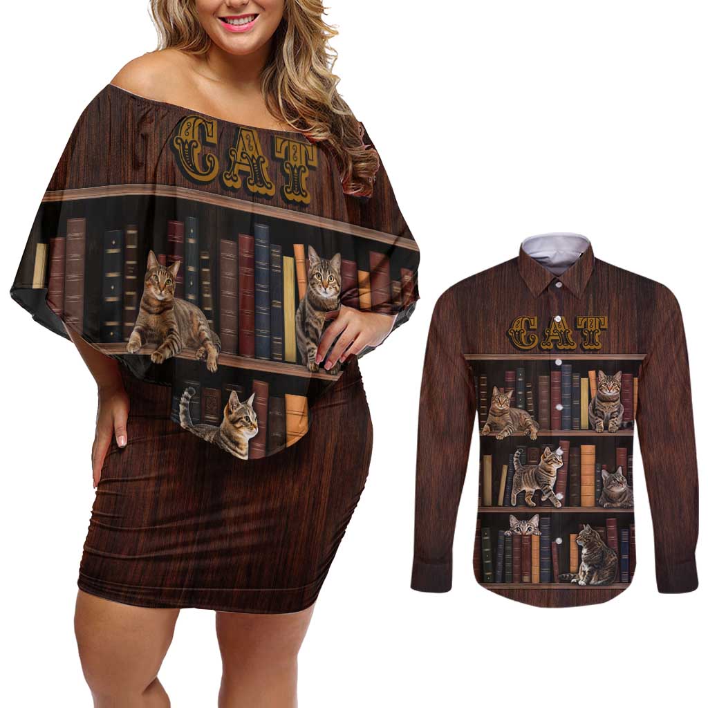 Cat Bookcase Christmas Couples Matching Off Shoulder Short Dress and Long Sleeve Button Shirt Xmas Holiday Patterns - Wonder Print Shop