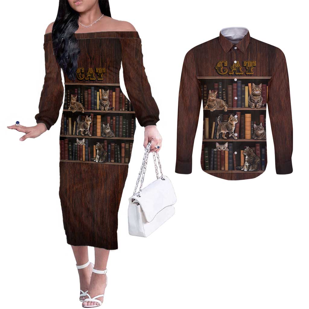 Cat Bookcase Christmas Couples Matching Off The Shoulder Long Sleeve Dress and Long Sleeve Button Shirt Xmas Holiday Patterns - Wonder Print Shop
