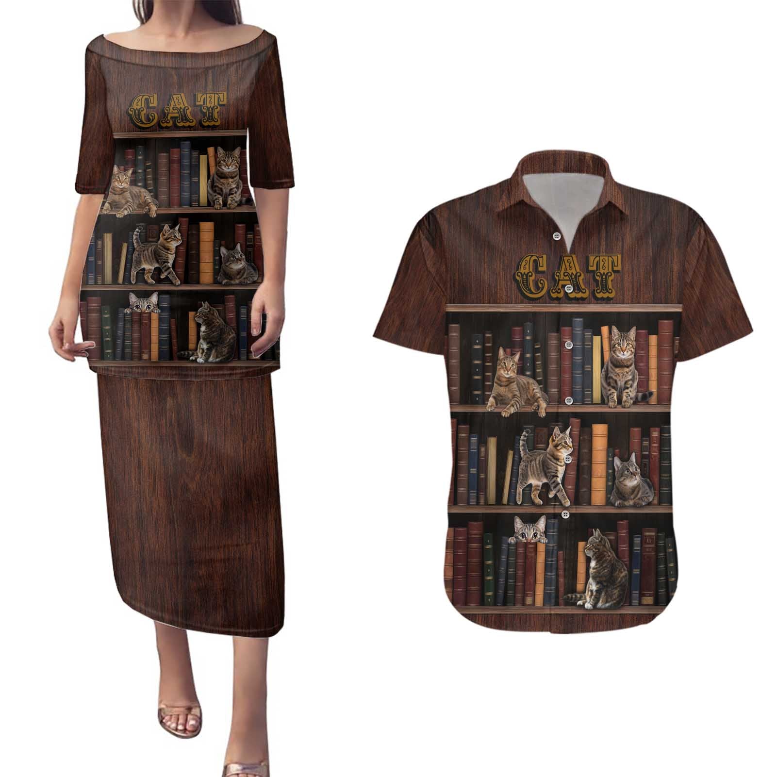 Cat Bookcase Christmas Couples Matching Puletasi and Hawaiian Shirt Xmas Holiday Patterns - Wonder Print Shop