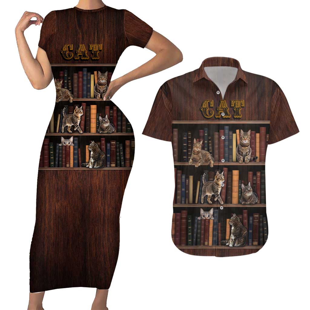 Cat Bookcase Christmas Couples Matching Short Sleeve Bodycon Dress and Hawaiian Shirt Xmas Holiday Patterns - Wonder Print Shop