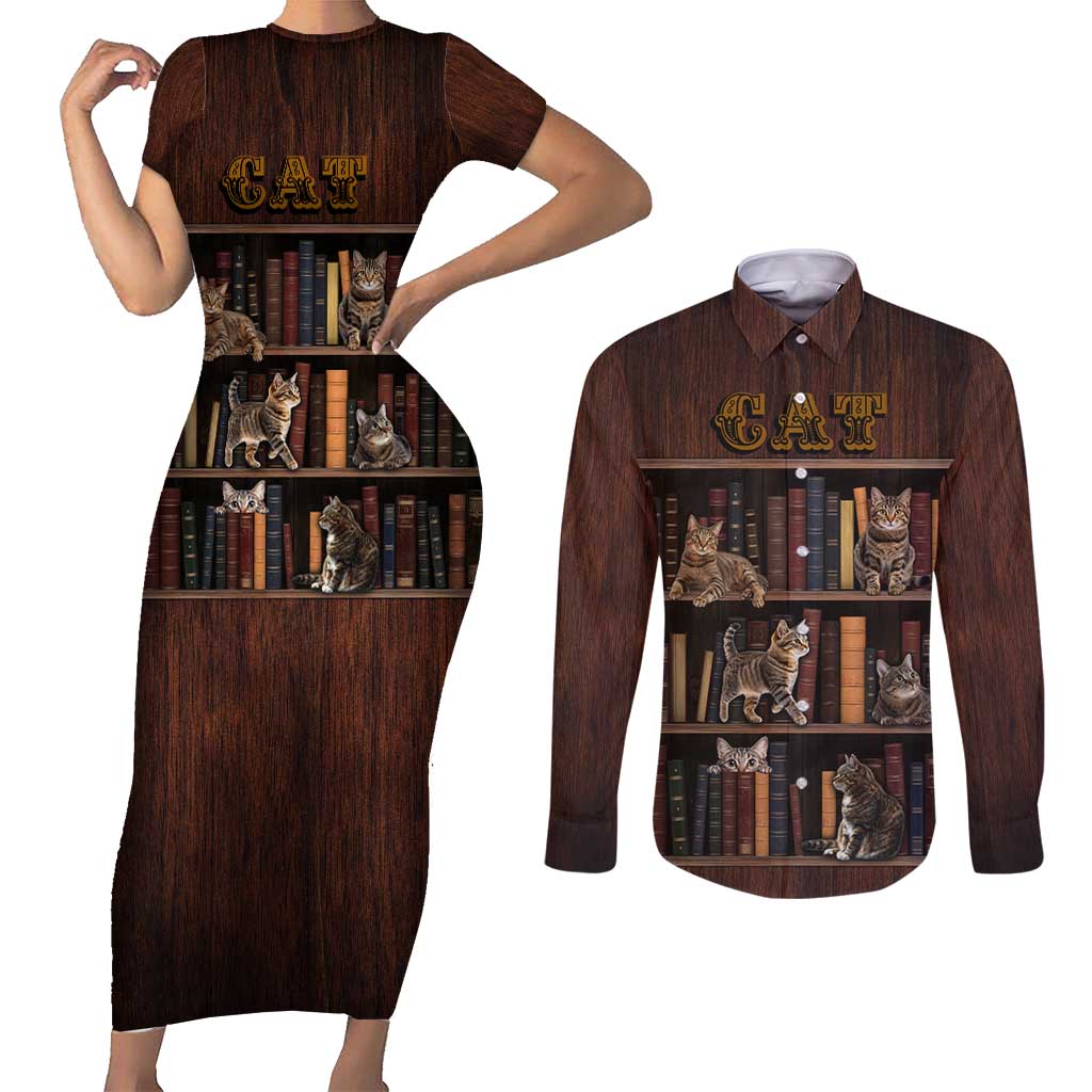 Cat Bookcase Christmas Couples Matching Short Sleeve Bodycon Dress and Long Sleeve Button Shirt Xmas Holiday Patterns - Wonder Print Shop