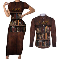 Cat Bookcase Christmas Couples Matching Short Sleeve Bodycon Dress and Long Sleeve Button Shirt Xmas Holiday Patterns - Wonder Print Shop