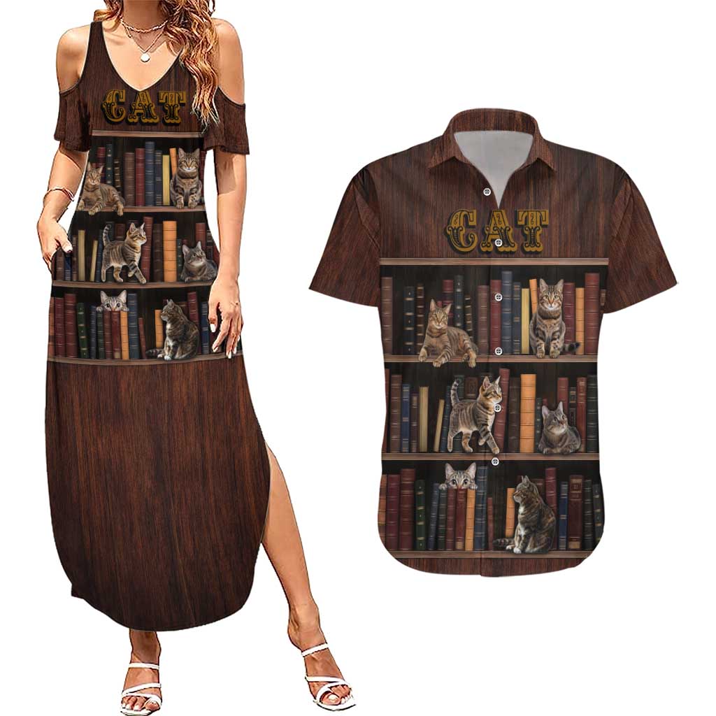 Cat Bookcase Christmas Couples Matching Summer Maxi Dress and Hawaiian Shirt Xmas Holiday Patterns - Wonder Print Shop