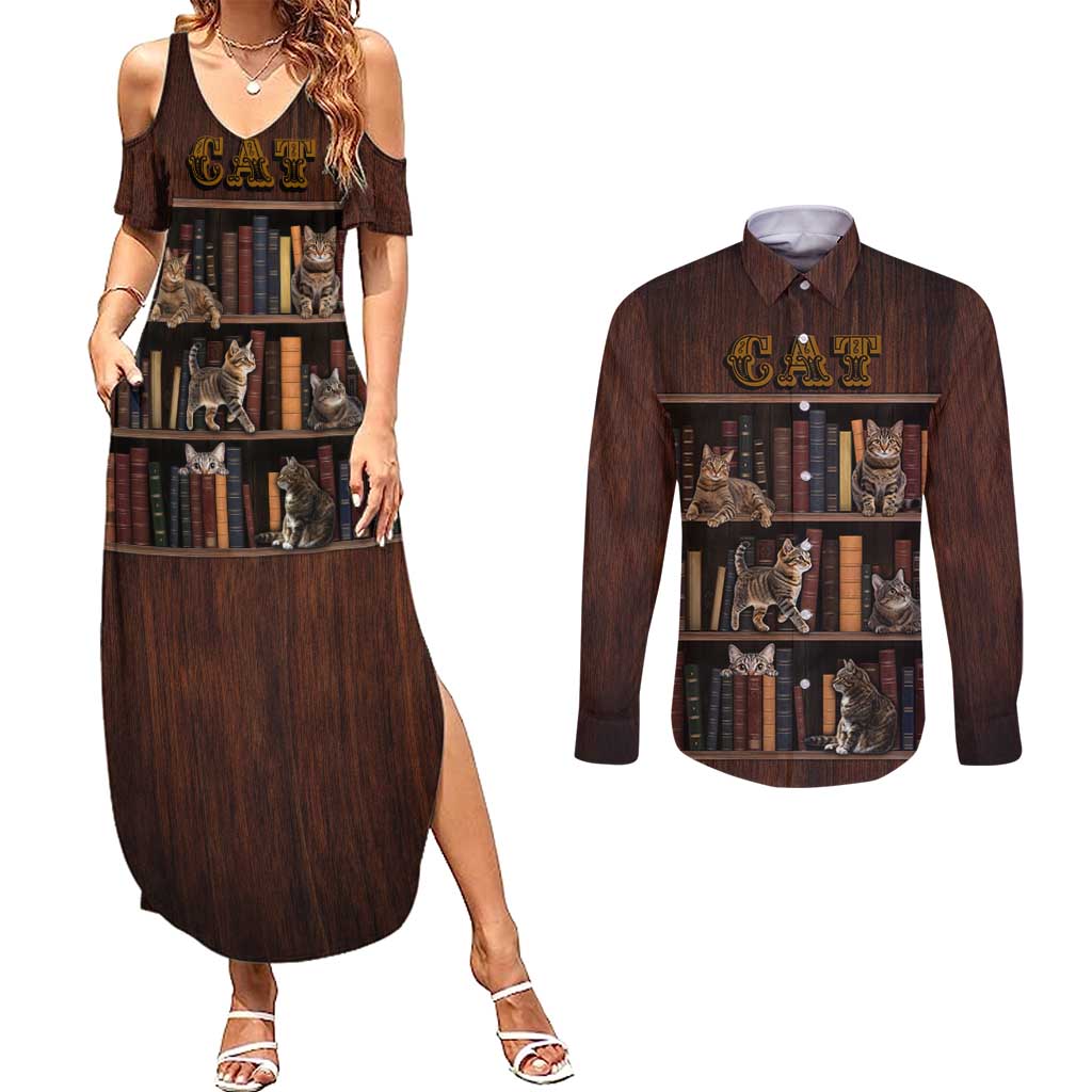 Cat Bookcase Christmas Couples Matching Summer Maxi Dress and Long Sleeve Button Shirt Xmas Holiday Patterns - Wonder Print Shop