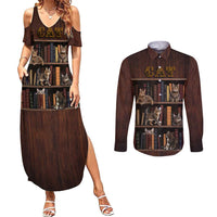 Cat Bookcase Christmas Couples Matching Summer Maxi Dress and Long Sleeve Button Shirt Xmas Holiday Patterns - Wonder Print Shop
