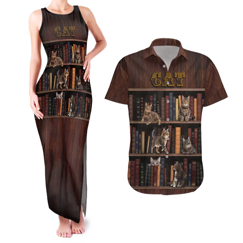 Cat Bookcase Christmas Couples Matching Tank Maxi Dress and Hawaiian Shirt Xmas Holiday Patterns - Wonder Print Shop