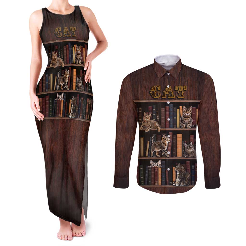 Cat Bookcase Christmas Couples Matching Tank Maxi Dress and Long Sleeve Button Shirt Xmas Holiday Patterns - Wonder Print Shop