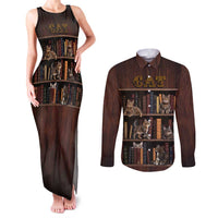 Cat Bookcase Christmas Couples Matching Tank Maxi Dress and Long Sleeve Button Shirt Xmas Holiday Patterns - Wonder Print Shop