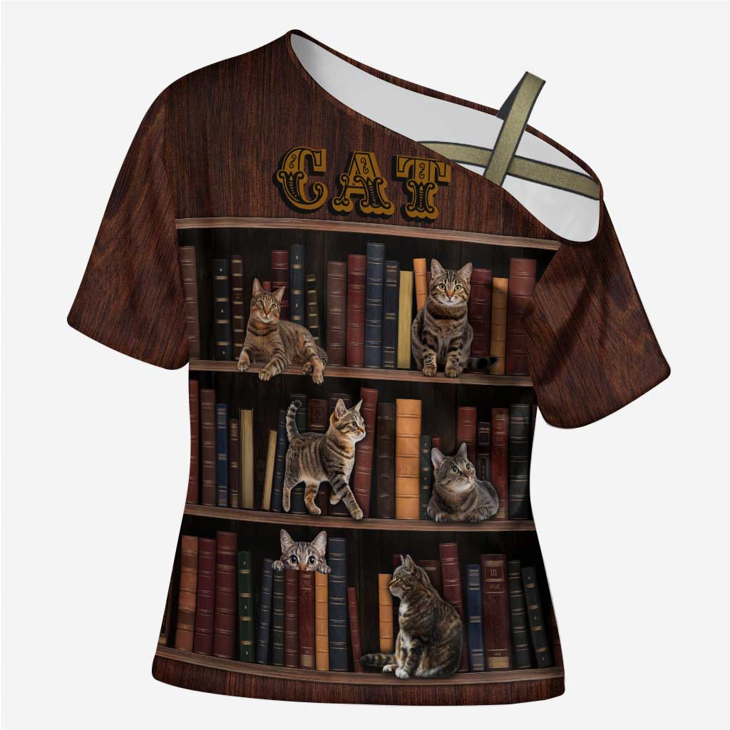 Cat Bookcase Christmas Cross Shoulder Shirt Xmas Holiday Patterns - Wonder Print Shop