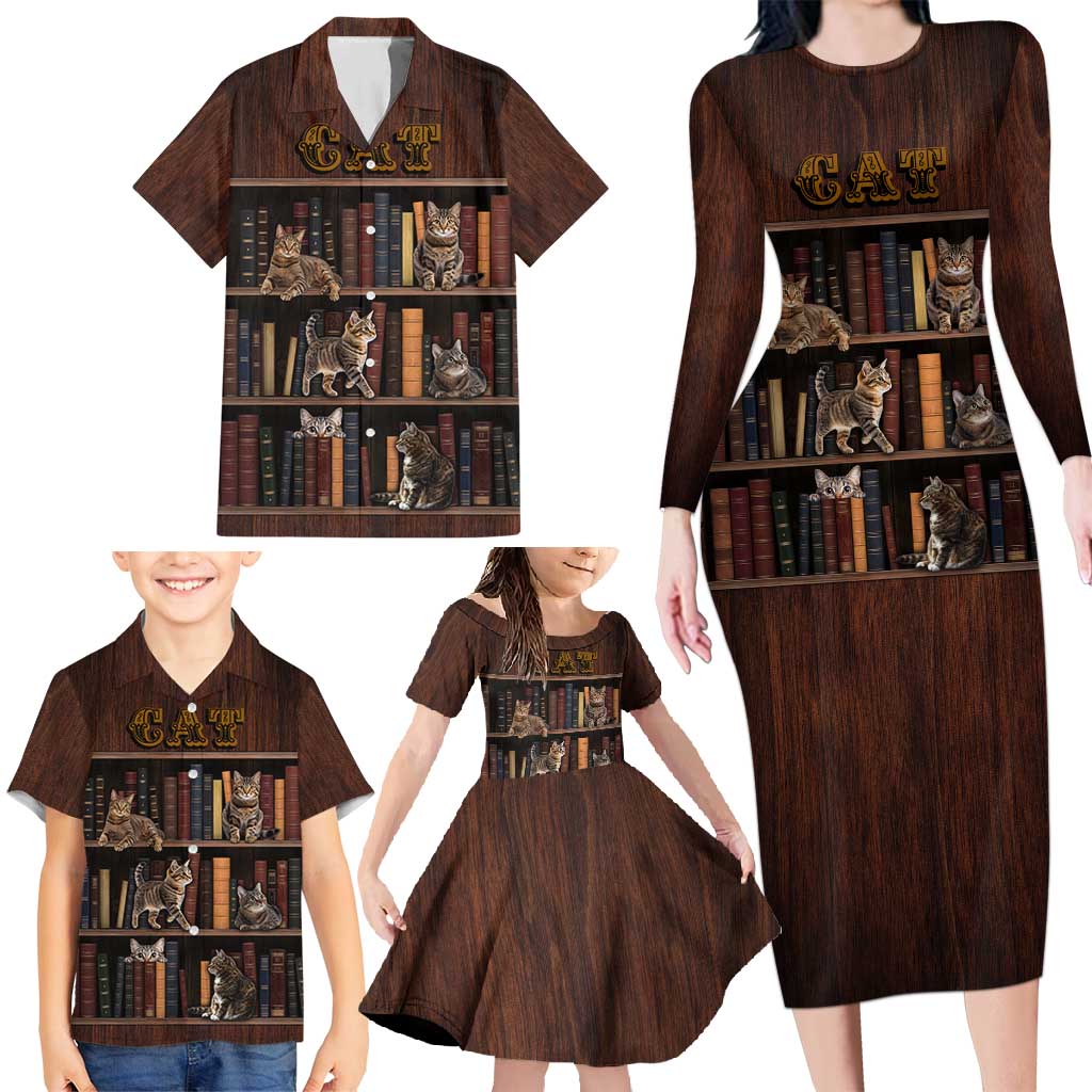 Cat Bookcase Christmas Family Matching Long Sleeve Bodycon Dress and Hawaiian Shirt Xmas Holiday Patterns - Wonder Print Shop
