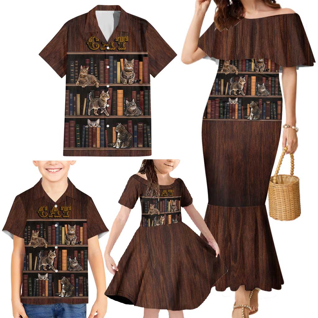 Cat Bookcase Christmas Family Matching Mermaid Dress and Hawaiian Shirt Xmas Holiday Patterns - Wonder Print Shop