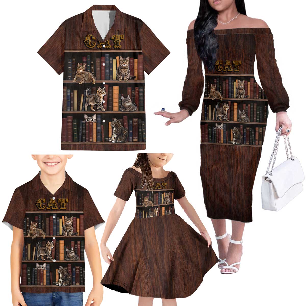 Cat Bookcase Christmas Family Matching Off The Shoulder Long Sleeve Dress and Hawaiian Shirt Xmas Holiday Patterns - Wonder Print Shop