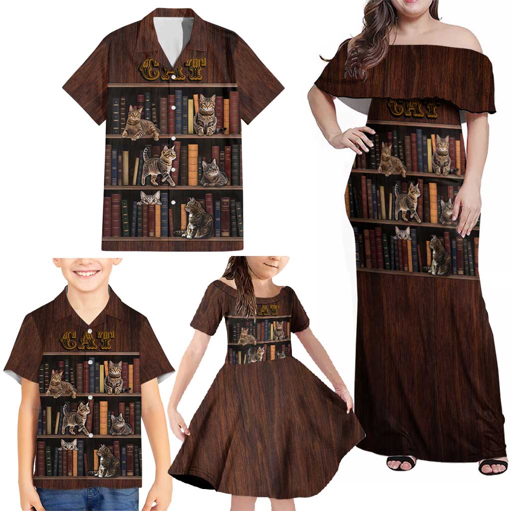 Cat Bookcase Christmas Family Matching Off Shoulder Maxi Dress and Hawaiian Shirt Xmas Holiday Patterns - Wonder Print Shop
