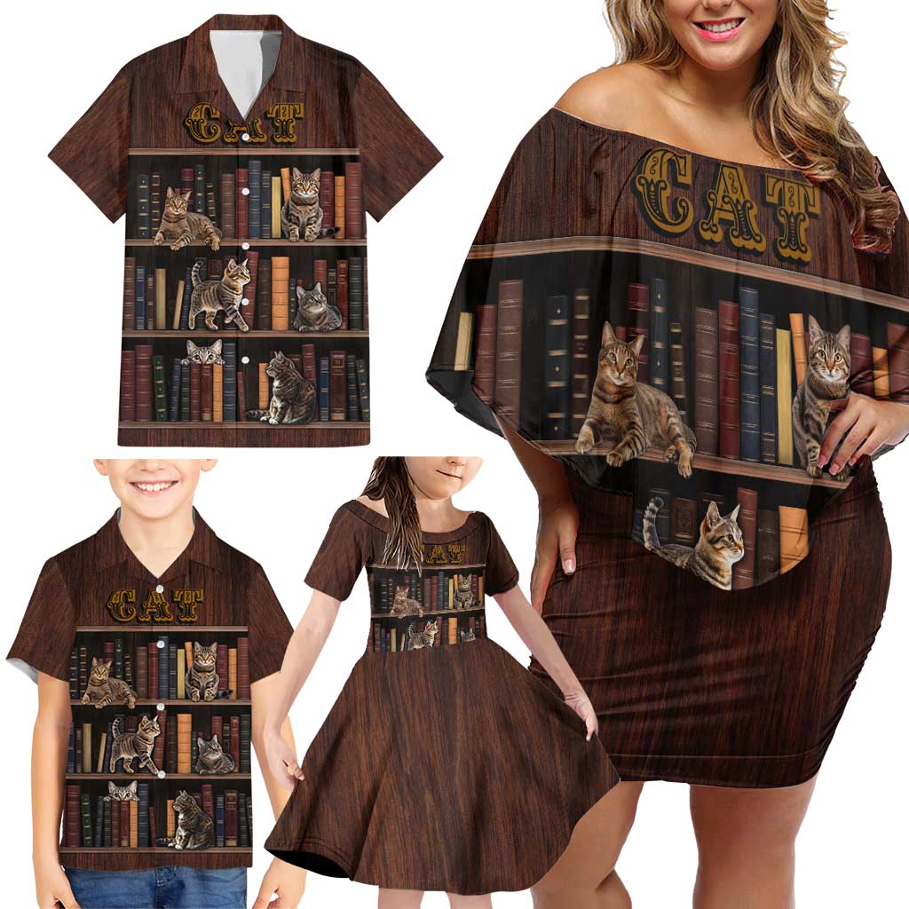 Cat Bookcase Christmas Family Matching Off Shoulder Short Dress and Hawaiian Shirt Xmas Holiday Patterns - Wonder Print Shop