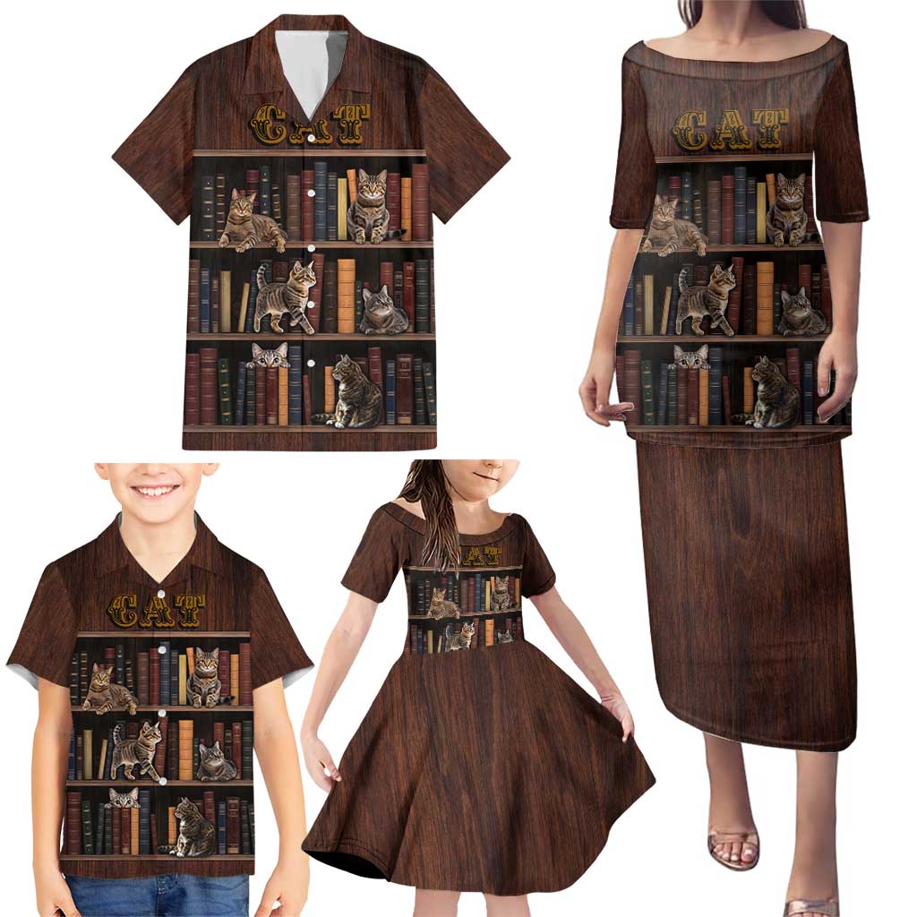 Cat Bookcase Christmas Family Matching Puletasi and Hawaiian Shirt Xmas Holiday Patterns - Wonder Print Shop