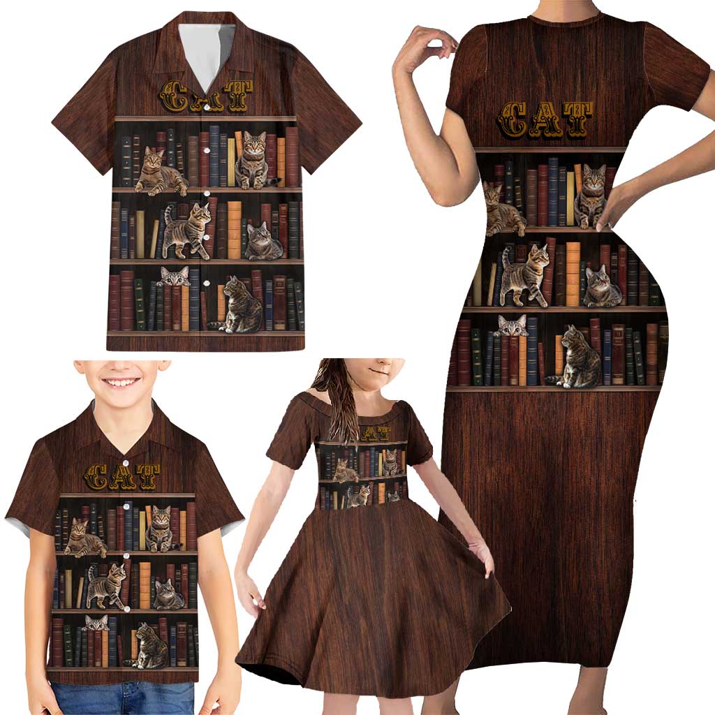 Cat Bookcase Christmas Family Matching Short Sleeve Bodycon Dress and Hawaiian Shirt Xmas Holiday Patterns - Wonder Print Shop