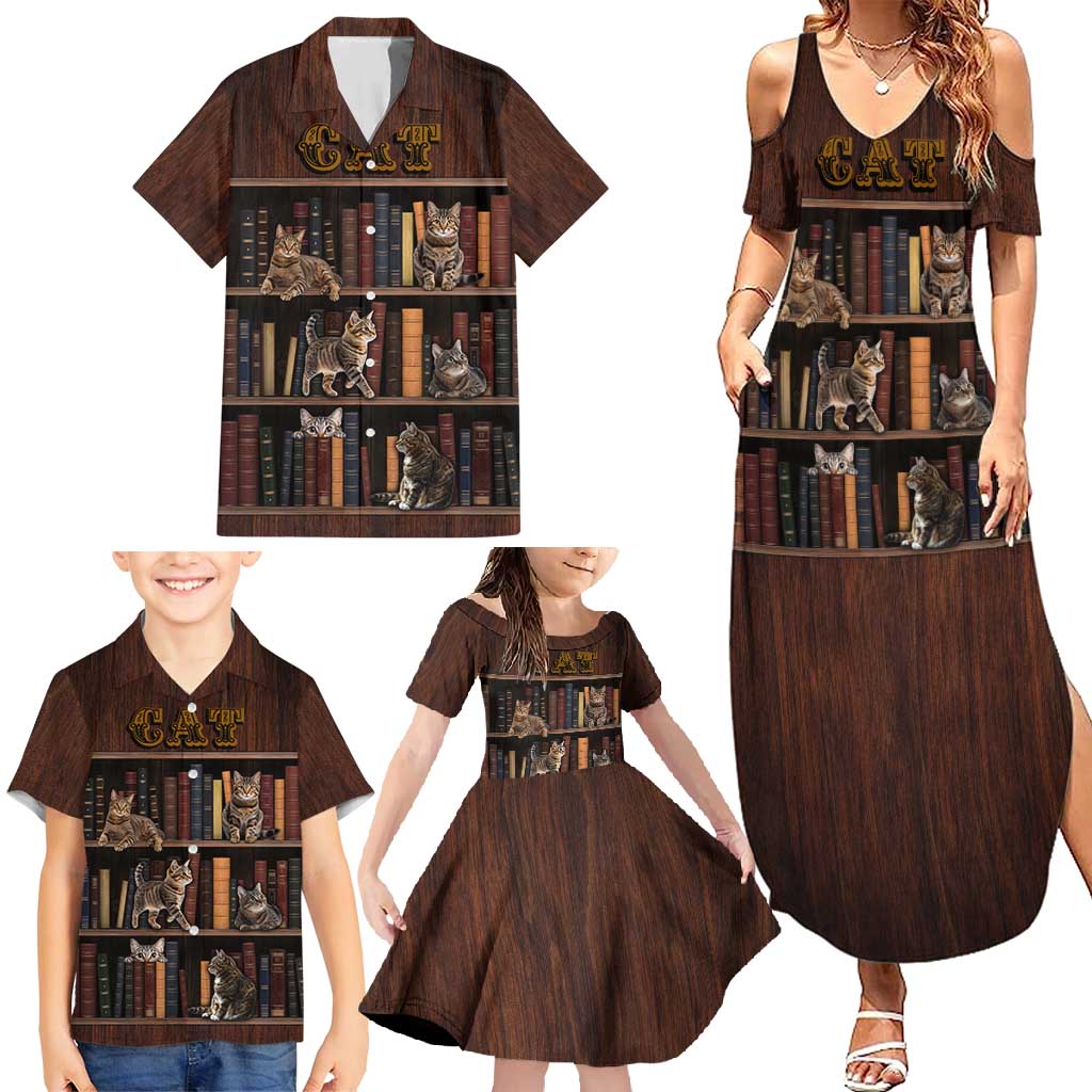 Cat Bookcase Christmas Family Matching Summer Maxi Dress and Hawaiian Shirt Xmas Holiday Patterns - Wonder Print Shop